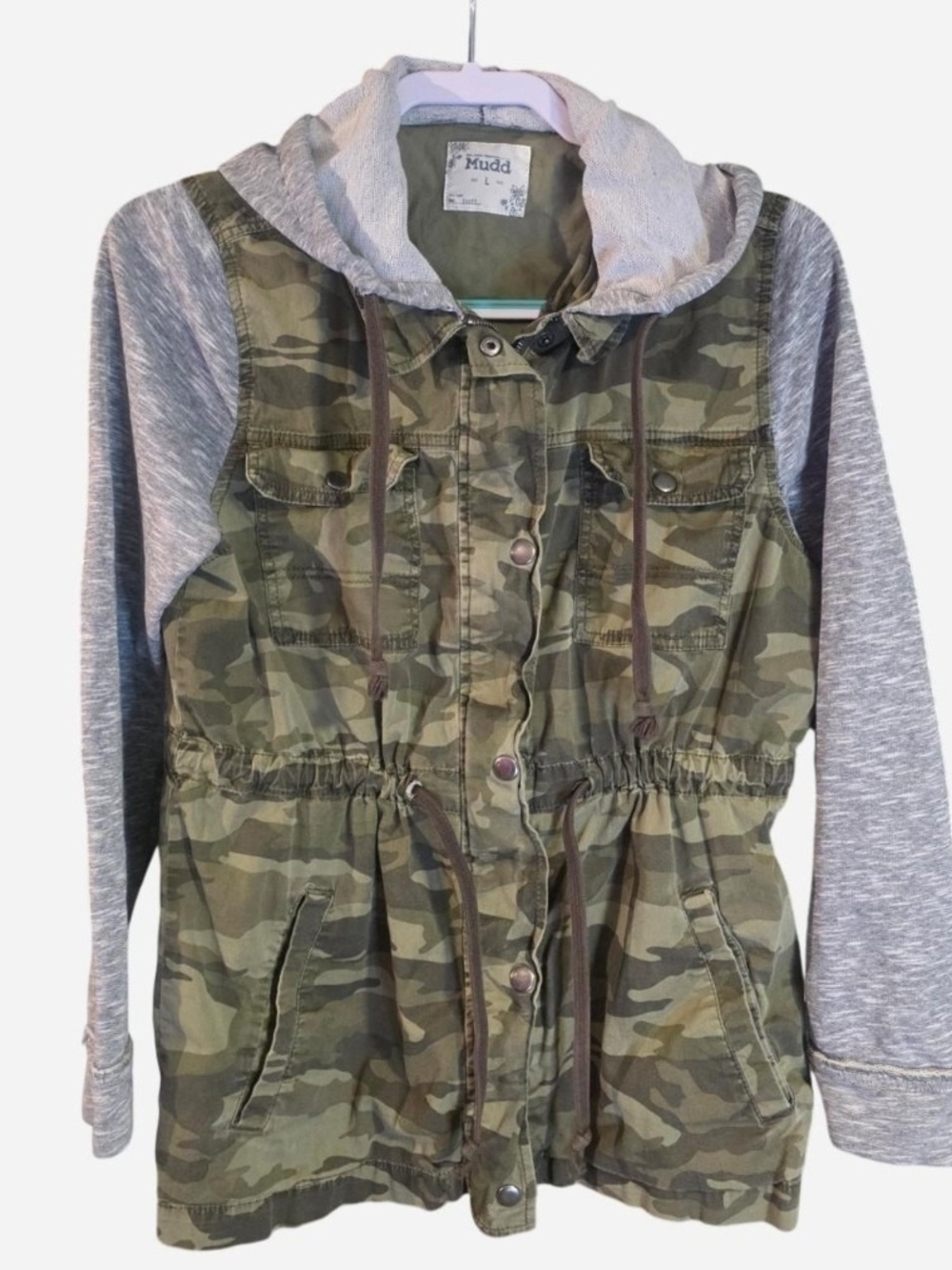 Mudd Green Camo Utility Jacket with Gray Knit Sleeves Size Large